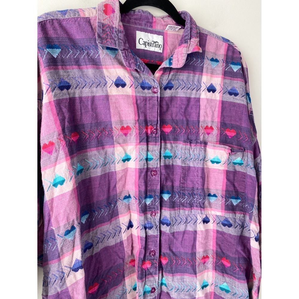 Vintage Capistrano Heart Plaid Button Up Shirt 20/22 Purple 90s Retro Valentines - Picture 4 of 9
